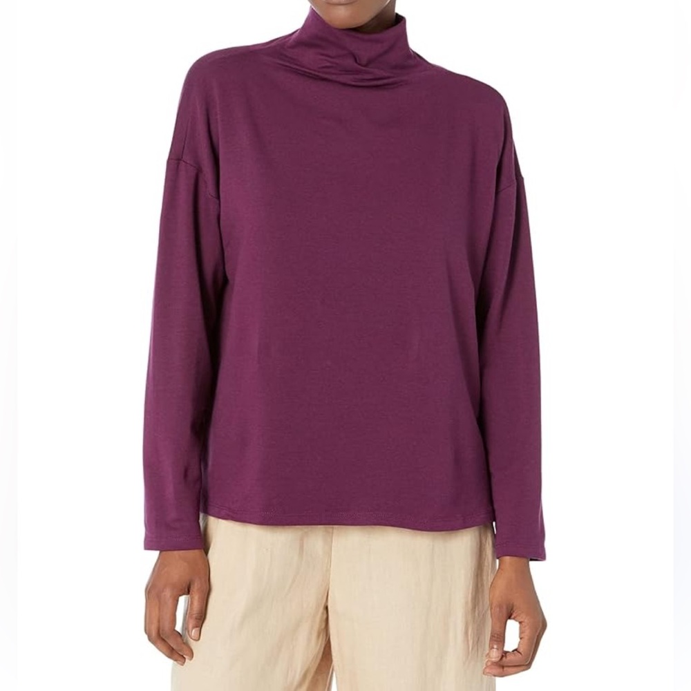 Eileen Fisher Cozy Brushed Terry Hug Funnel Neck Tunic Box Top Sweet Plum XS USA